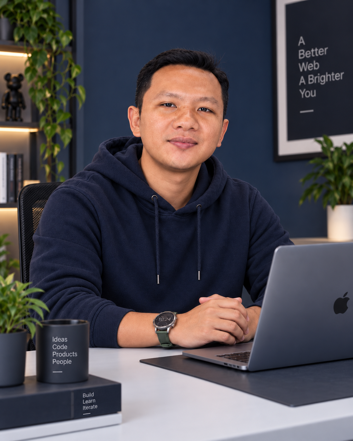 Wayan Widiarsana duduk di meja kerja dengan laptop