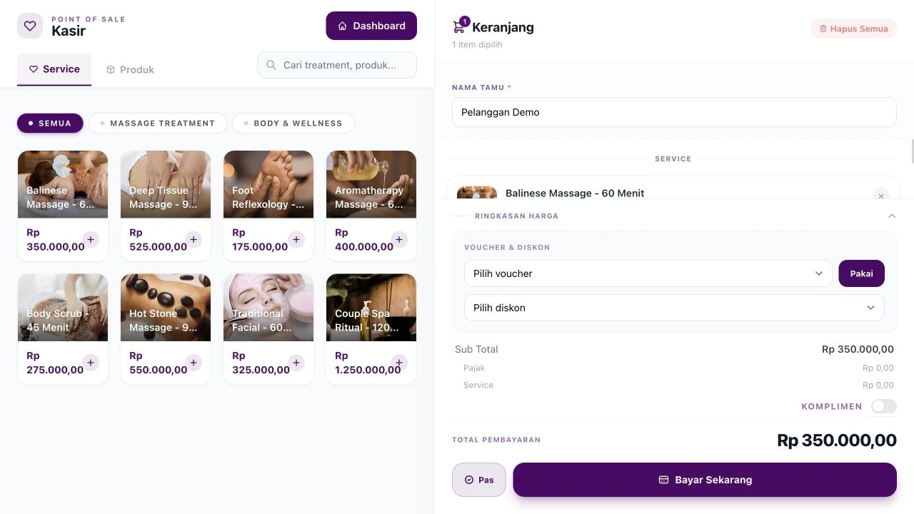Antarmuka kasir Spa POS yang dijalankan lokal dengan pelanggan dan transaksi demo